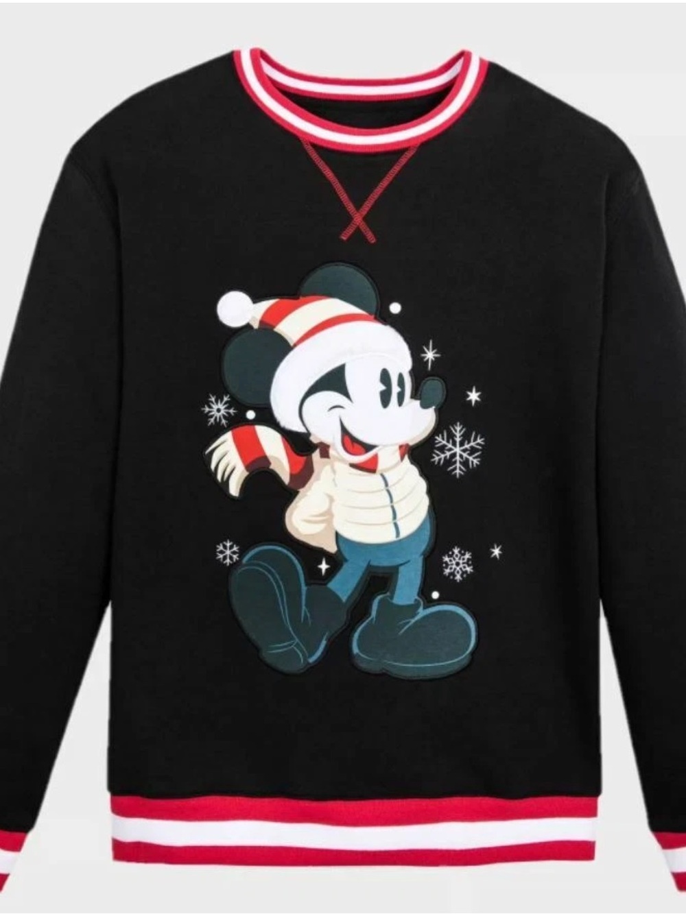 Disney Black Crewneck Sweater with Red and White Striped Trim
